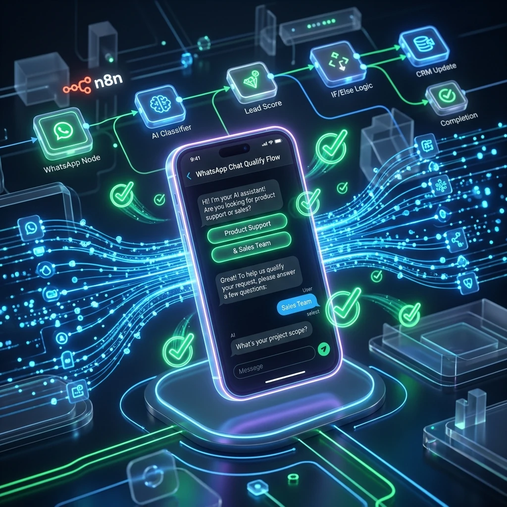 AI CRM mobile qualify flow n8n visual flow chart design cover